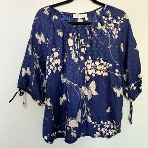 Yumi Kim Navy Blue Butterfly Floral Polka Dot Silk Blend Blouse Top Medium M